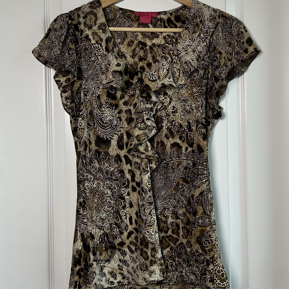 Sunny Leigh Brown Leopard Animal Paisley Boho Mixed Print Ruffle Front Blouse